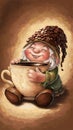 cute gnome wearing a cap made of coffee beans holding a large mug Royalty Free Stock Photo