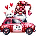 cute gnome with white puppy and flower on cute car, sign Love Me Love My Dog
