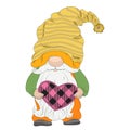 Cute gnome in a yellow hat with a heart checkered.