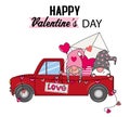 Cute gnomes in car carrying hearts and love letter.