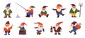 Cute gnomes. Cartoon fairy tale dwarves in different clothes with beards and hoods. Senior fabulous characters fishing