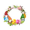 Cute gnomes, Easter eggs in floral round border with spring flowers. Watercolor circle frame for holiday wreath Royalty Free Stock Photo