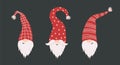 Cute gnomes faces in santa hats on black background. Scandinavian christmas elves. Vector illustration in flat cartoon Royalty Free Stock Photo