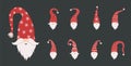 Cute gnomes faces in santa hats on black background. Scandinavian christmas elves. Vector illustration in flat cartoon Royalty Free Stock Photo