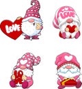 Cute Gnomes Lover Cartoon Characters In Different Poses. Vector Hand Drawn Collection Set