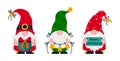 Cute gnomes vector set. Funny bearded elves are holding a gift box, a garland with stars and lights, a sign with the Royalty Free Stock Photo