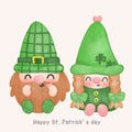 Cute gnomes watercolor vector lover couple with clover leaf illustration for st patrick\'s day kawaii cartoon