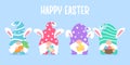 Cute gnomes wearing bunny ears hold carrots and colorful eggs in Easter. Isolated on background Royalty Free Stock Photo