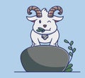 cute goat cartoon standing on giant stone eating a grass leaf.Animal Isolated Flat Style Sticker Web Design Icon illustration