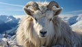 Cute goat grazing on snowy mountain, nature winter adventure generated by AI