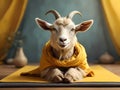 Cute goat with a yellow scarf on a yoga mat at home, closeup, cute funny yoga goat portrait, generative ai