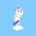 Cute god character wearing cap and holding skate board. Religious theme for children book, card, poster. Flat vector