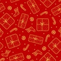 Cute gold Christmas seamless pattern. Handdrawn Gift box, santa sock, candy cane isolated on red background Design texture holiday