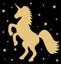 Cute gold unicorn silhouette with stars on black background illustration