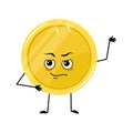 Cute golden coin character with emotions of hero