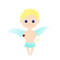 A cute golden-haired cupid with a mischievous face holds an arrow and a bow behind his back.