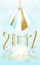 Cute golden 2017 Happy New Year greeting card on blue background