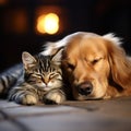 Cute golden retriever and cat peacefully sleeping together on the floor
