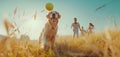 Cute golden retriever dog chasing green tennis ball in high grass with children kids running behind. Loyal dogs pet friendship, Royalty Free Stock Photo