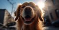 Cute golden retriever dog closeup portrait in sunny day. Dog with a smile, very happy, face close-up Royalty Free Stock Photo