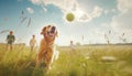 Cute golden retriever dog portrait in high grass with children kids running behind. Loyal dogs pet friendship, outdoor walking and