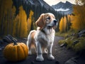 Cute golden retriever dog with pumpkin with autumn forest. Halloween costume. Dog vacation relax concept. Generative Ai