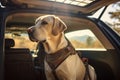 Cute golden retriever dog sitting in car trunk ready for a vacation trip Royalty Free Stock Photo