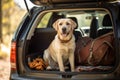 Cute golden retriever dog sitting in car trunk ready for a vacation trip Royalty Free Stock Photo