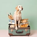 Cute golden retriever dog sitting in open suitcase with clothes and summer leisure items. Traveling with pets, preparing