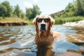 Cute golden retriever dog in sunglasses swimming in the river Royalty Free Stock Photo