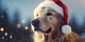 Cute golden retriever dog wearing red Santa Claus hat outside in the falling snow. Christmas and seasons greetings Royalty Free Stock Photo