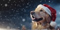 Cute golden retriever dog wearing red Santa Claus hat outside in the falling snow. Christmas and seasons greetings Royalty Free Stock Photo