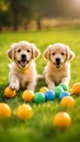 Cute golden retriever puppies playing with toys and balls on a grassy lawn illustration Artificial Intelligence artwork generated Royalty Free Stock Photo