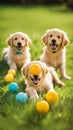 Cute golden retriever puppies playing with toys and balls on a grassy lawn illustration Artificial Intelligence artwork generated Royalty Free Stock Photo