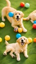 Cute golden retriever puppies playing with toys and balls on a grassy lawn illustration Artificial Intelligence artwork generated Royalty Free Stock Photo