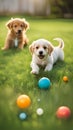 Cute golden retriever puppies playing with toys and balls on a grassy lawn illustration Artificial Intelligence artwork generated Royalty Free Stock Photo