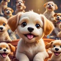 cute golden retriever puppy with many toy dogs in a box Royalty Free Stock Photo