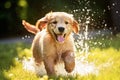 Cute Golden Retriever puppy playing with garden sprinkler water