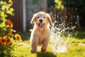 Cute Golden Retriever puppy playing with garden sprinkler water