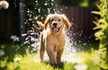 Cute Golden Retriever puppy playing with garden sprinkler water