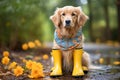 Cute Golden Retriever puppy in rain boots sitting in a puddle with yellow flowers. Generative AI Royalty Free Stock Photo