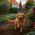 Cute Golden Retriever puppy running in the garden on a summer day. The concept of playfullness, love, and friendship