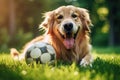 Cute golden retriever relaxing on park grass with a soccer ball