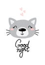 Cute good night card with hand drawn cat. vector print.