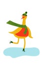 Cute goose bird in winter clothes skating. fictional character. vector.