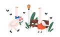 Cute goose couple on romantic date. Funny birds in love. Kids character with flower bouquet meeting adorable animal in