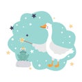 A cute goose with a magic wand is trying to turn a frog into a prince charming. Fun vector illustration. Decor for