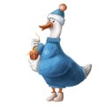 Cute goose with present box, illustration in watercolor style, holiday clipart with cartoon character