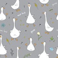 Cute Goose Seamless Pattern, Cartoon Hand Drawn Goose Doodles Vector Background Illustration