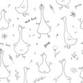 Cute Goose Seamless Pattern, Cartoon Hand Drawn Goose Doodles Vector Background Illustration